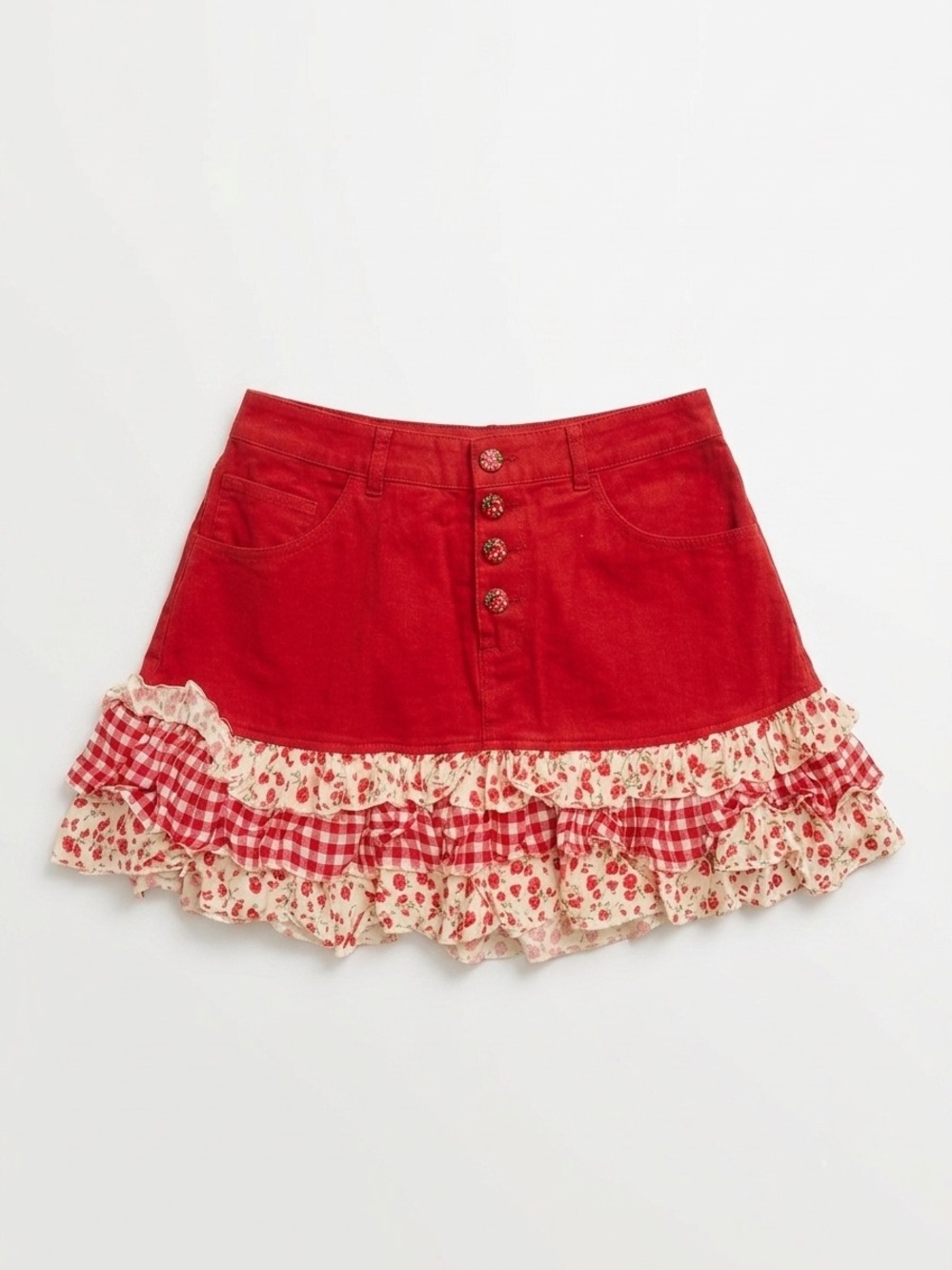 Red Ruffled Mini Skirt with Strawberry & Gingham Trim